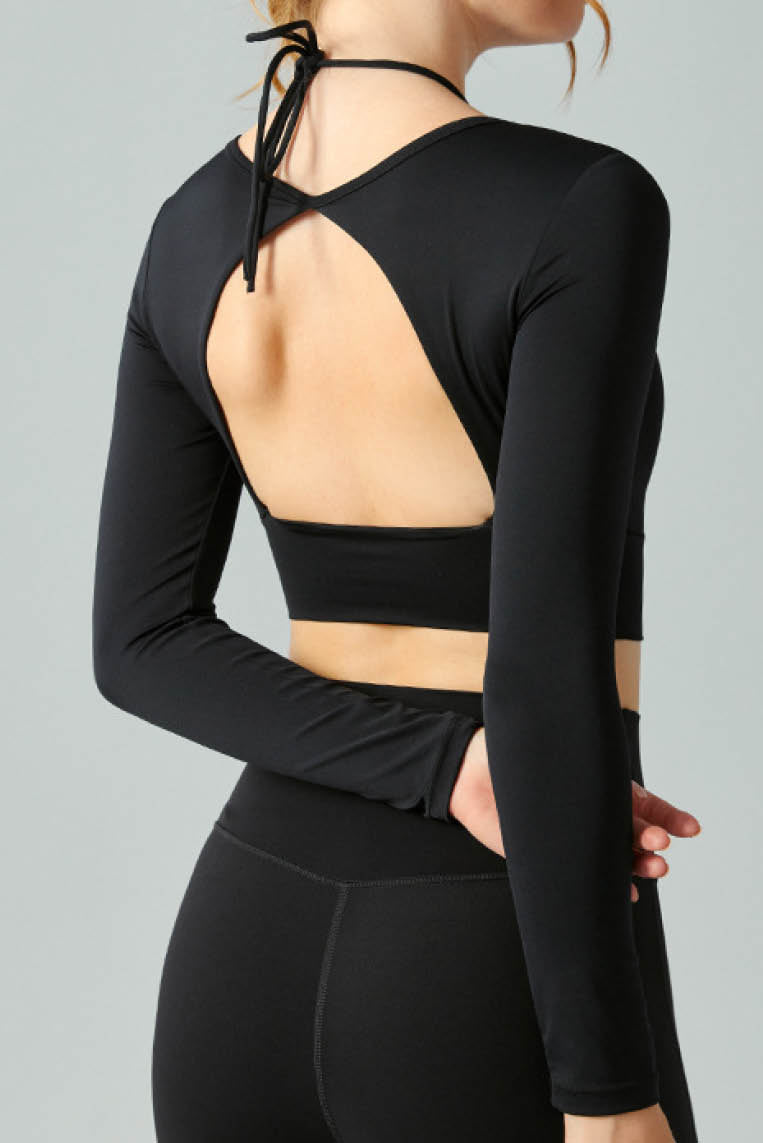 抽绳挂脖露背长袖