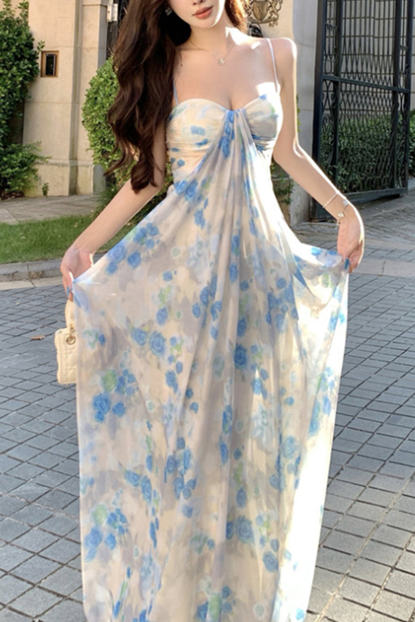 玫瑰气质扎染抹胸连衣裙