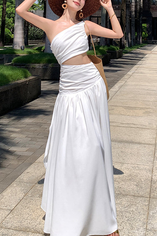 法式斜肩露腰连衣裙