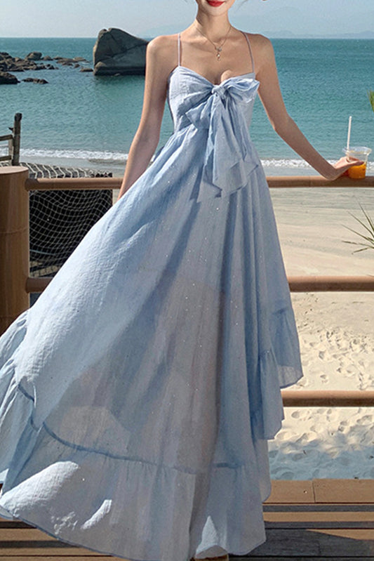 蝴蝶结系带露背沙滩裙