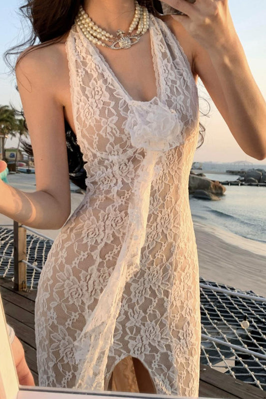 蕾丝深V领开叉包臀裙