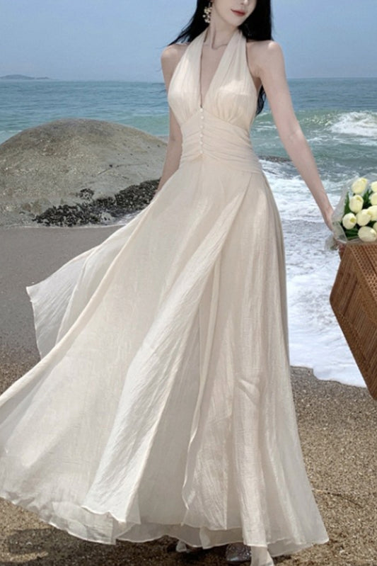 气质深V挂脖连衣裙