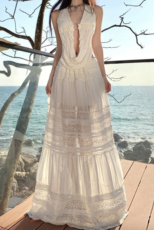 挂脖露背蕾丝半身裙两件套