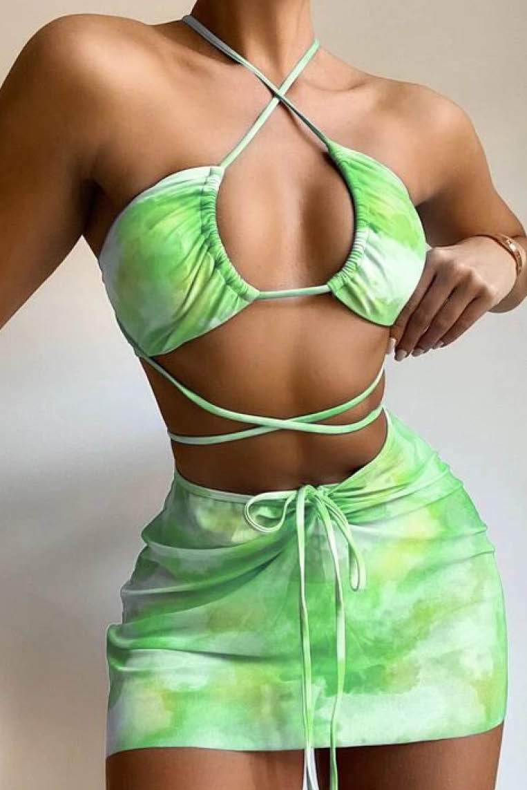 欧美大理石纹比基尼三件套