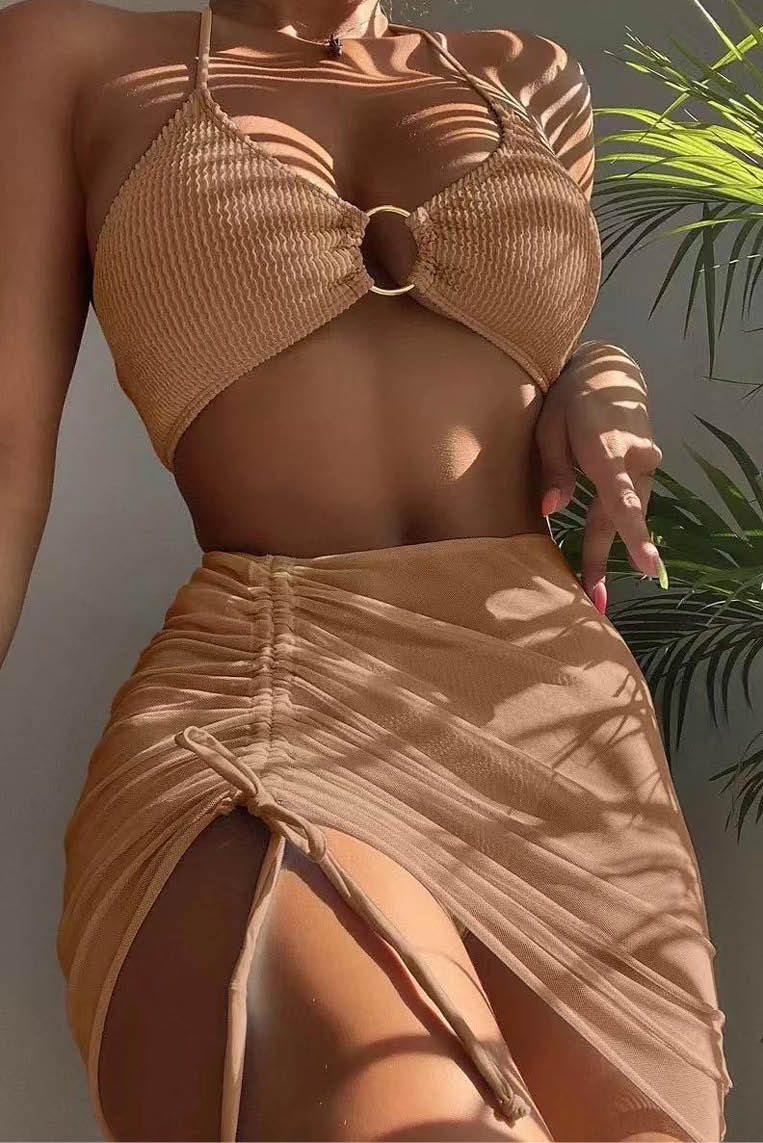 波浪纹比基尼套装+抽绳网纱裙