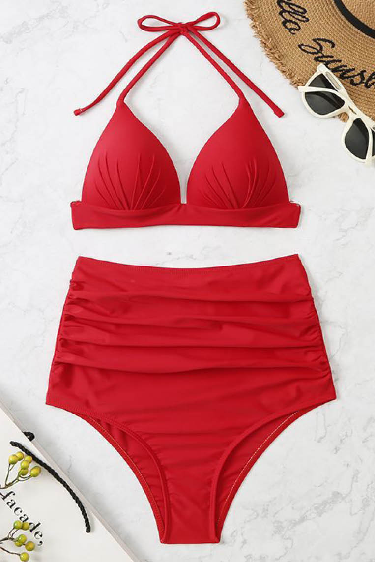 单色系带高腰三点式