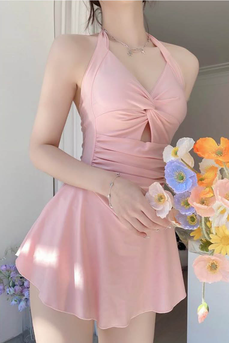 粉系连身裙泳衣(挂脖)