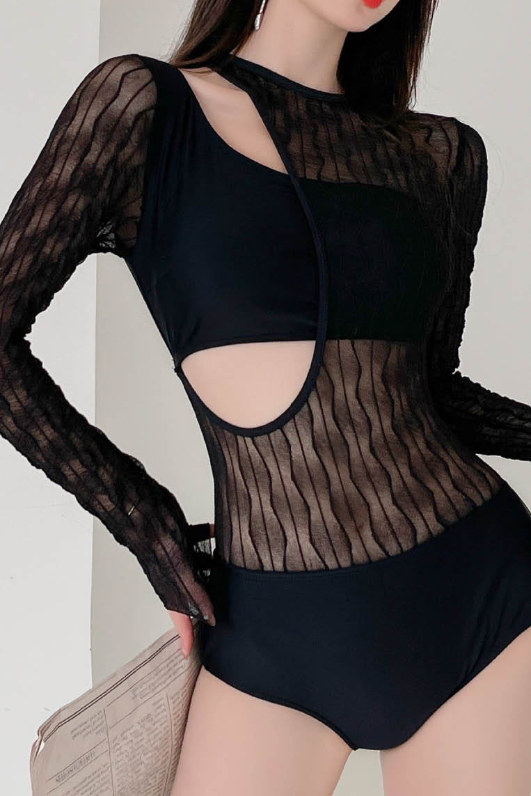 新蕾丝斜肩一件式泳衣