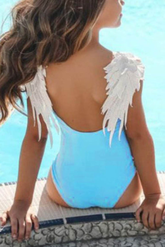 女童天使之翼纯色露背泳装