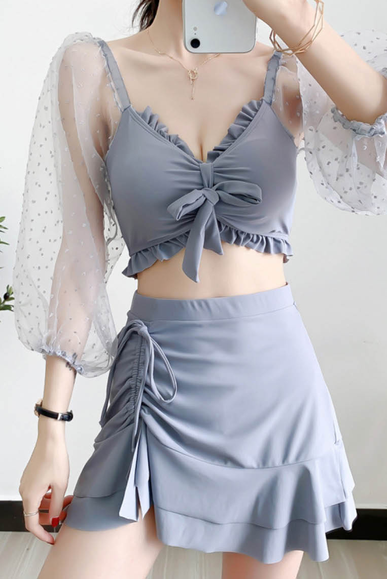 网纱公主长袖裙式分体泳装