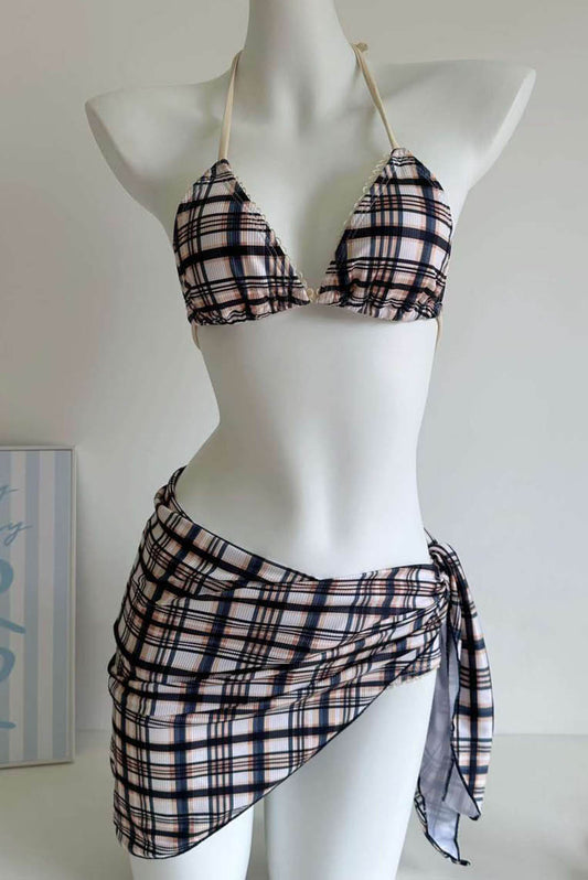 明星同款格子比基尼三件套