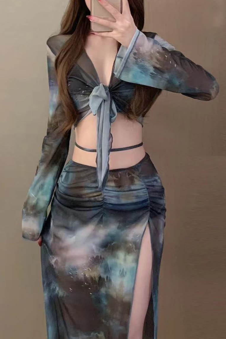 欧美女神款扎染长裙比基尼四件套