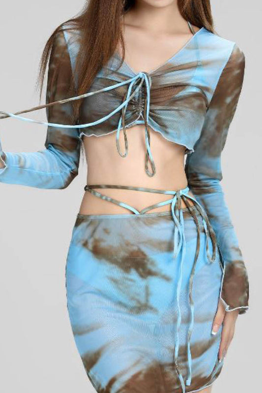 四件套蓝色晕染长袖比基尼