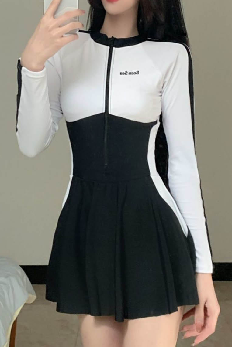 黑白配长袖防晒连体泳衣