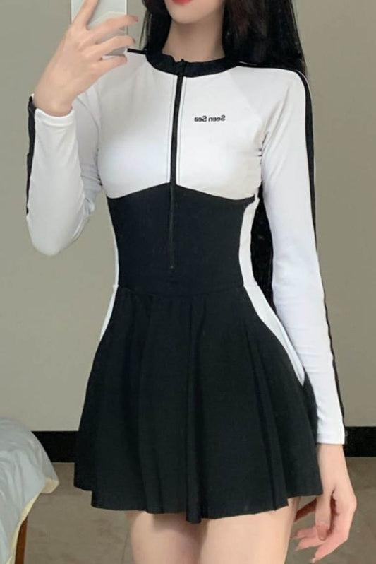 黑白配长袖防晒连体泳衣