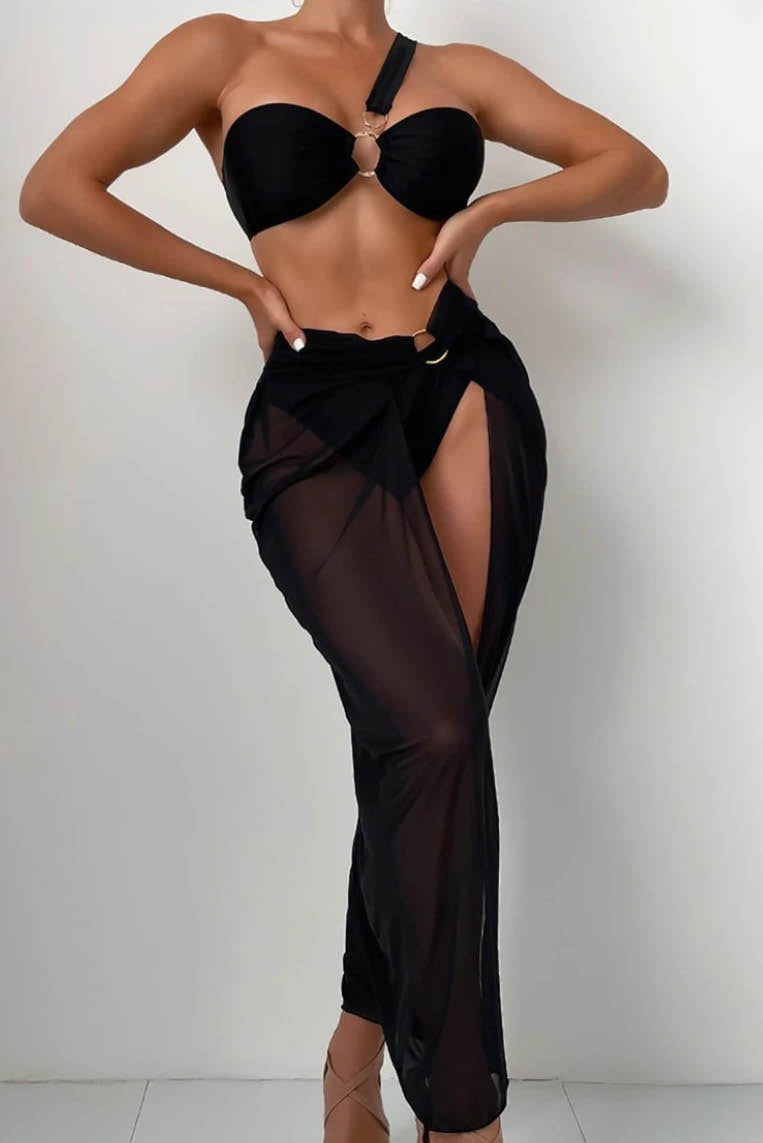 欧美单肩长纱裙比基尼三件套