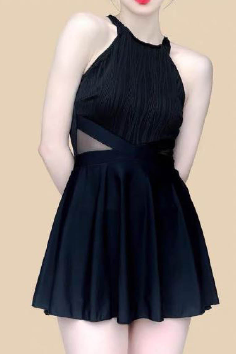 腰间拼纱连衣裙泳装