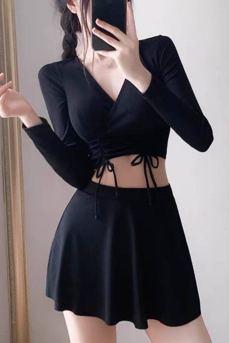 抽绳长袖三件套裙款泳衣