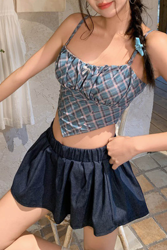 复古格纹三件套泳衣