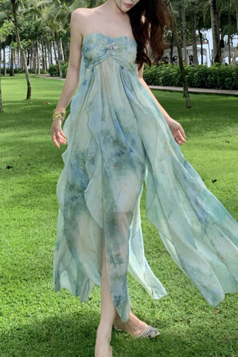 不规则晕染吊带沙滩裙