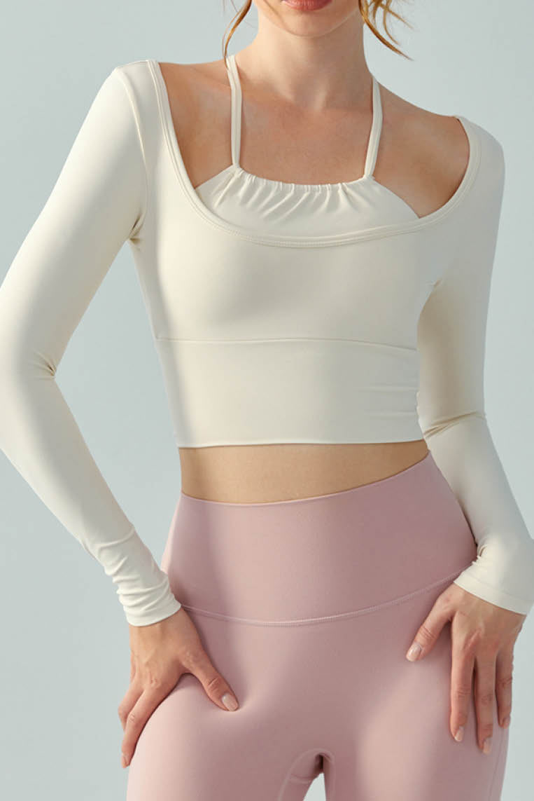 挂脖褶皱假两件长袖