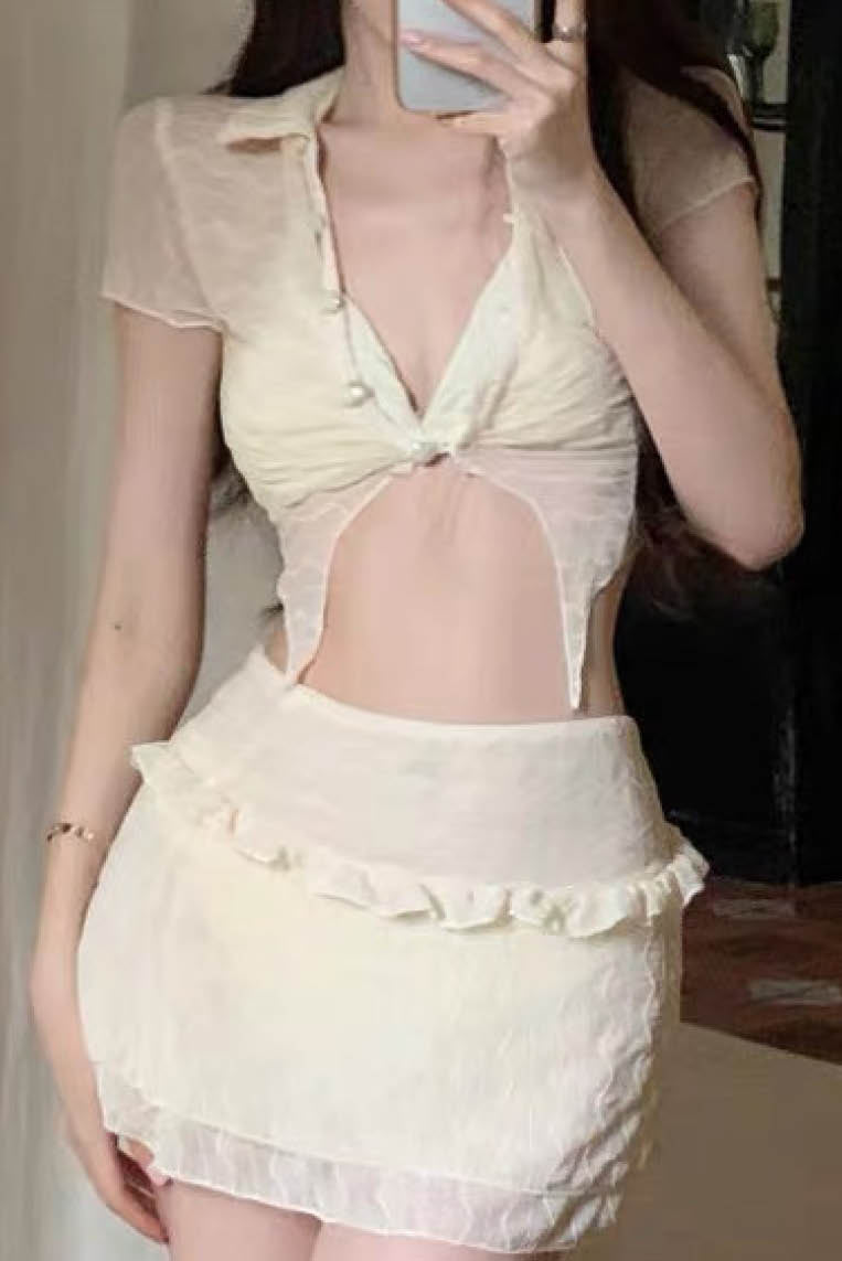 欧美 lace纽扣分体比基尼三件套