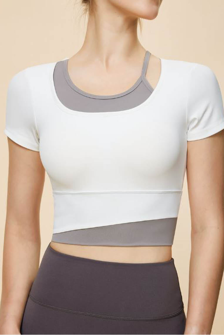 不规则撞色假两件短袖