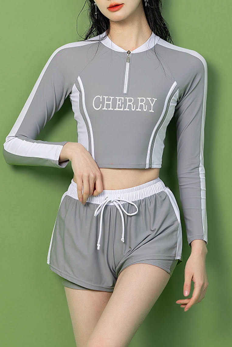 字母长袖分体平角游泳装(含胸垫)