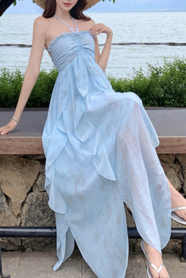 气质荷叶边挂脖长裙