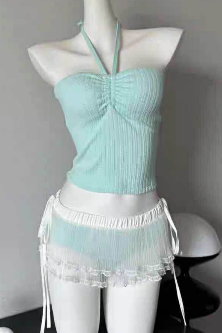 清新lace薄荷绿抹胸bikini