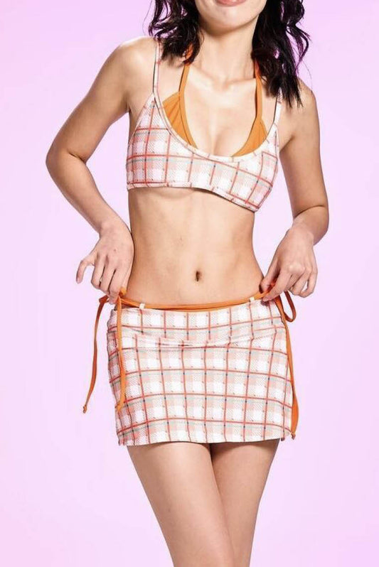 泰兰德格纹裙式泳衣三件套