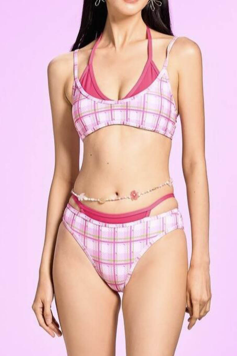 泰兰德格纹裙式泳衣三件套