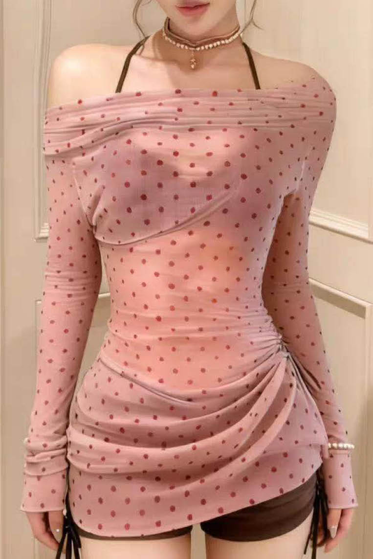 波点雪纺露肩比基尼三件套