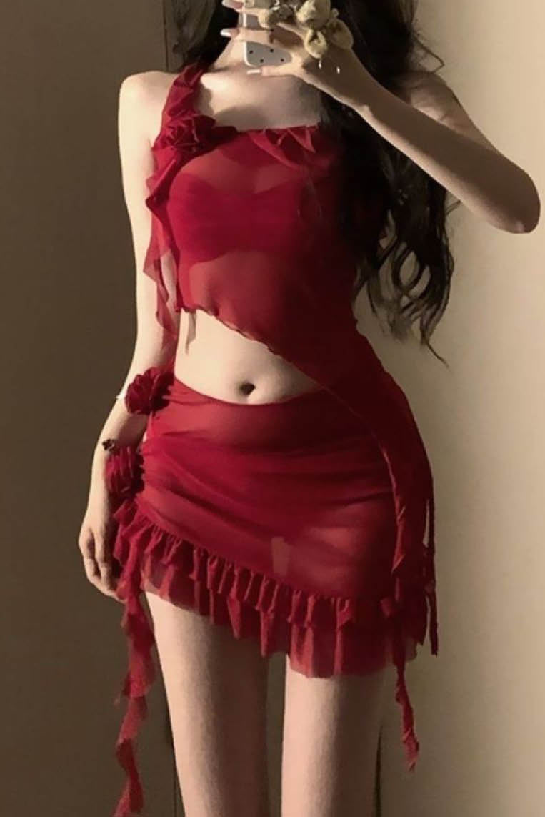 港风红花性感四件套泳衣