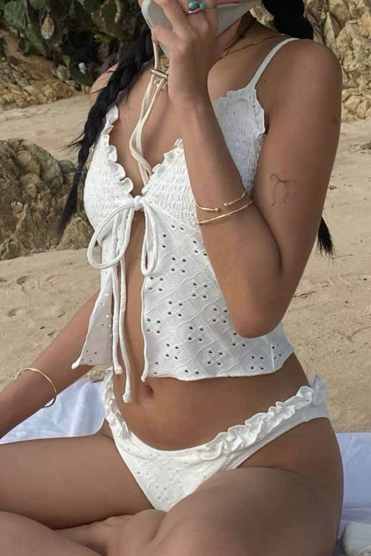 韩系木耳边系带比基尼两件套