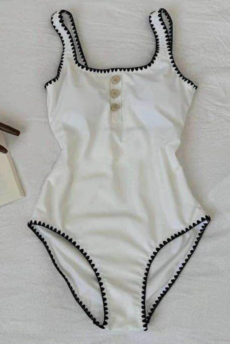 小香风勾边连体泳衣