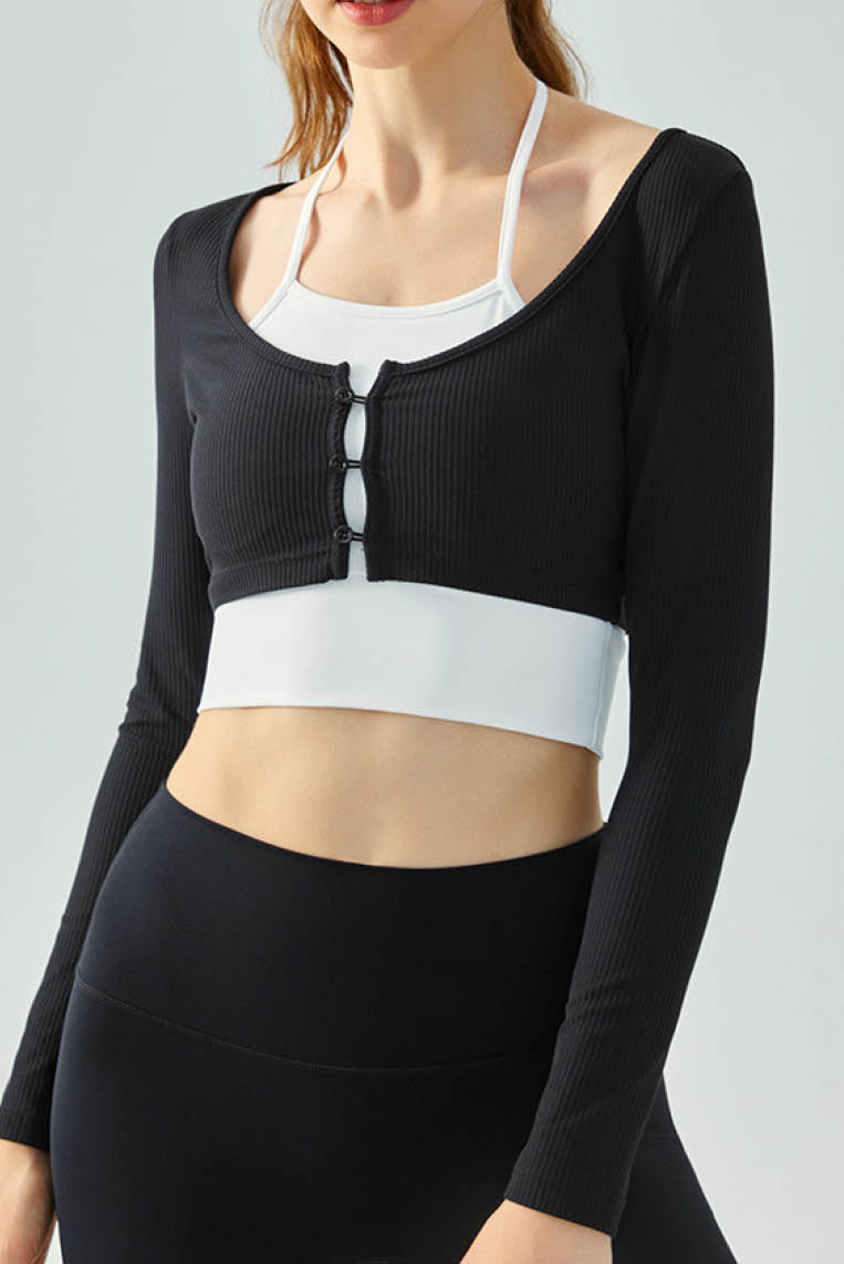 拼色纽扣假两件瑜伽长袖