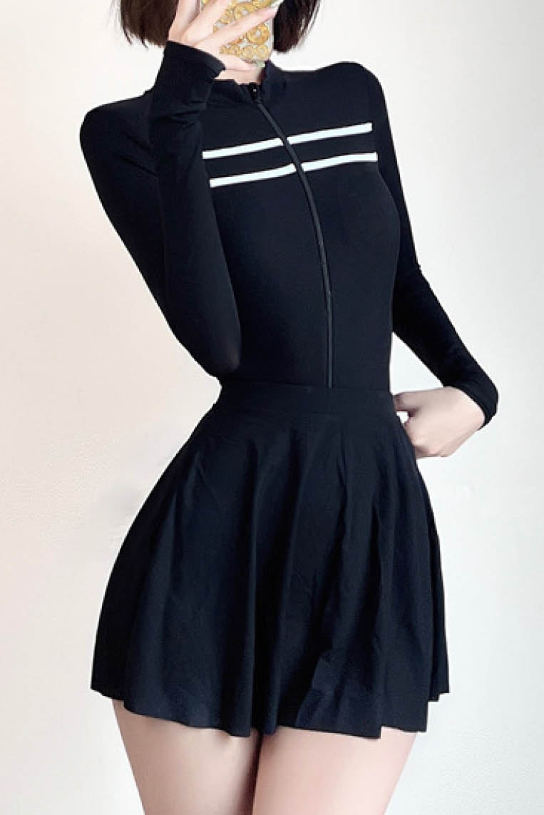 双白线条拉链式长袖防晒泳装