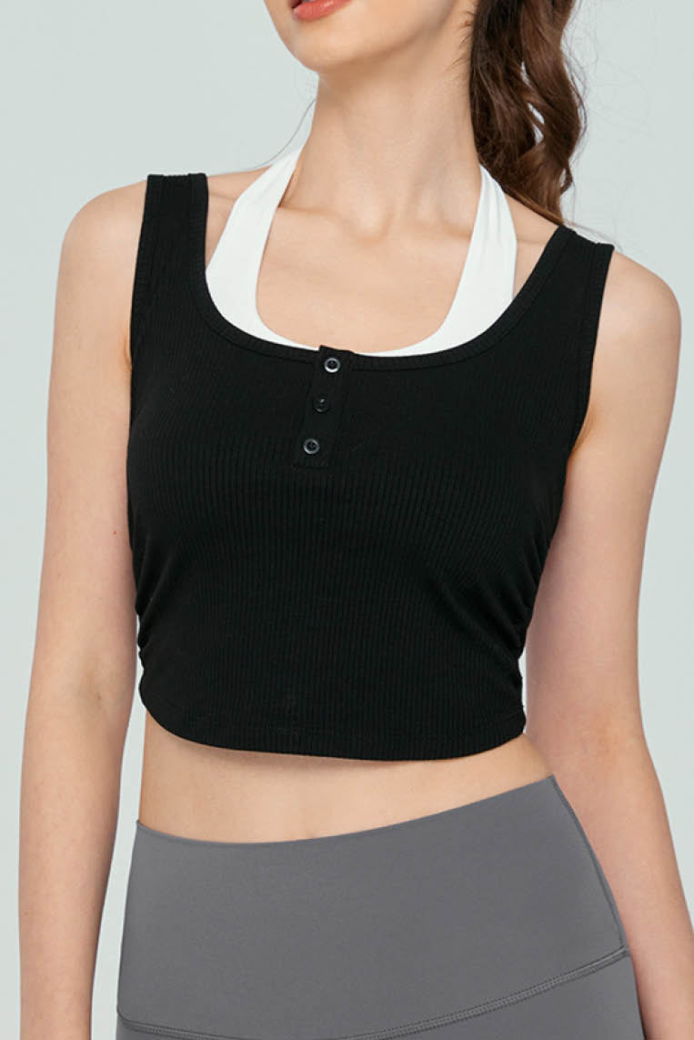 挂脖撞色假两件吊带背心