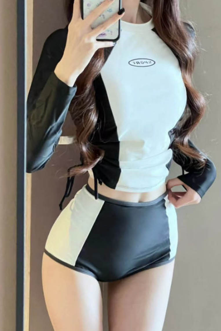 黑白配色抽绳防晒长袖泳衣