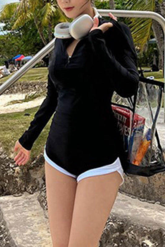 拉链长袖短裤两件套泳衣