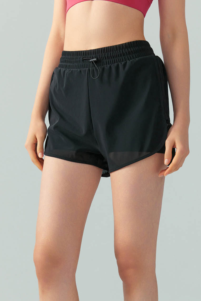 抽绳收腹网纱假两件短裤