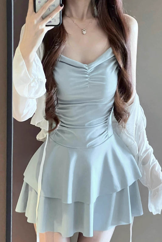 裙式连体露背泳衣+外套