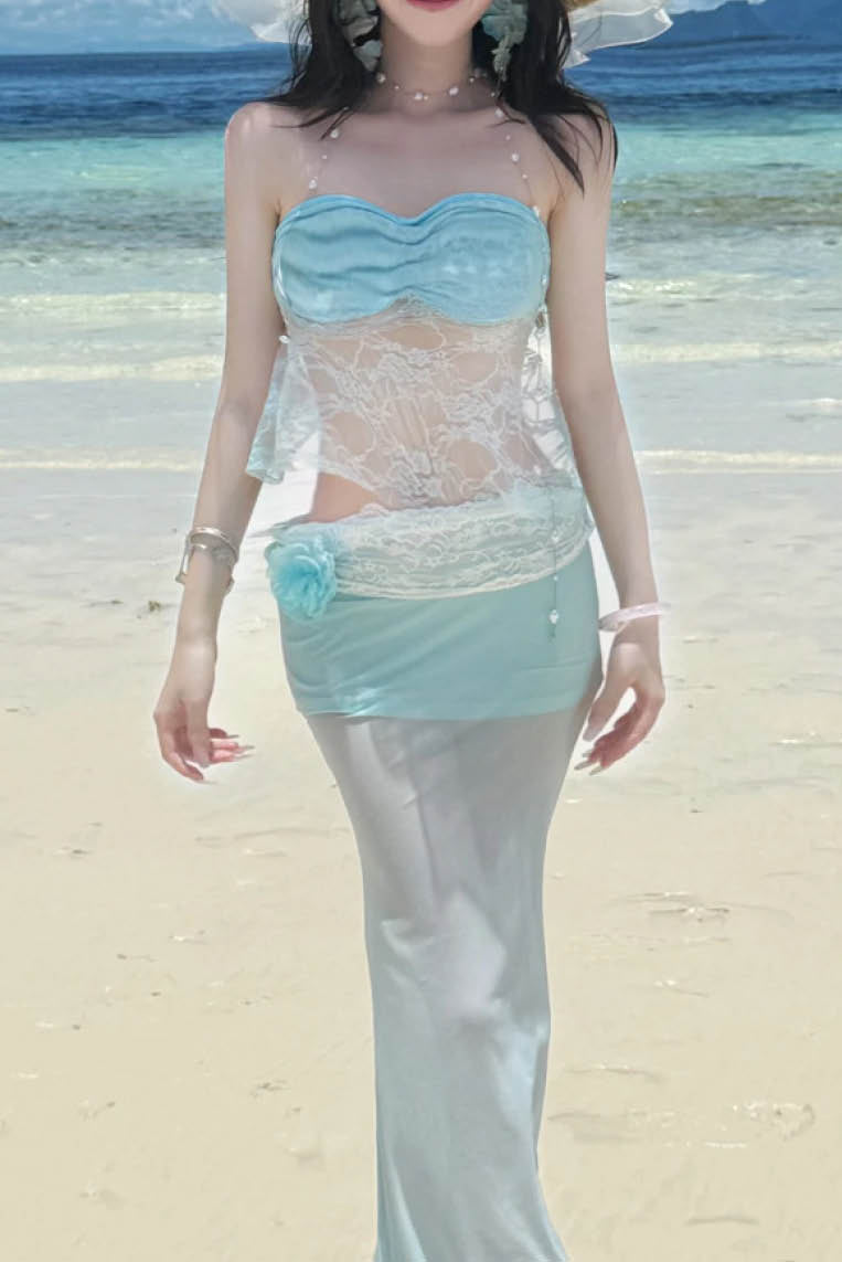 蕾丝纱抹胸鱼尾裙套装