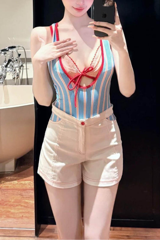 绝美条纹两件式连体泳衣