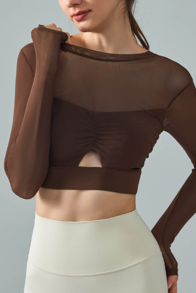 欧美网纱带垫瑜伽长袖