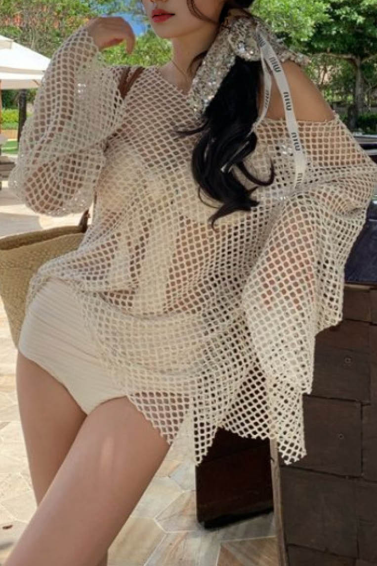 性感渔网罩衫泳衣三件套