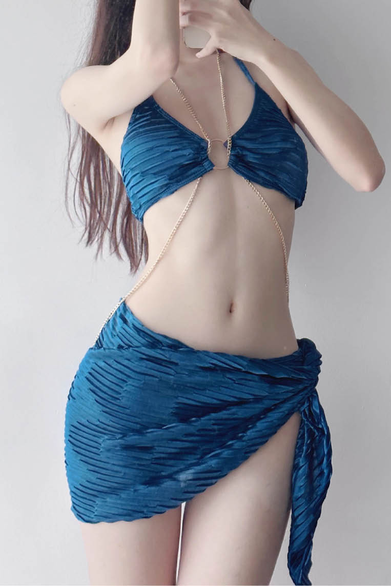 纯欲缎面链条比基尼三件套