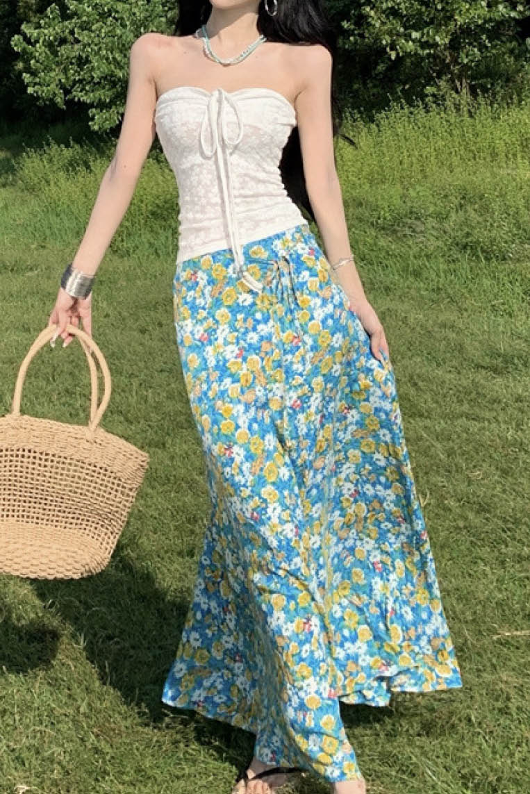 抽绳抹胸top+蓝色碎花半身长裙 (两件套)