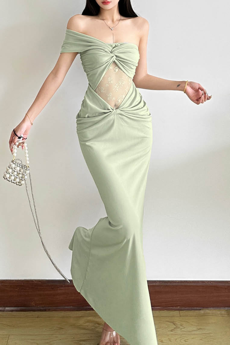 蕾丝花纹单肩抽褶长裙 (无胸垫)